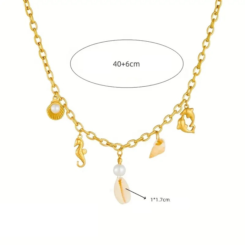 Elegante Nautische RVS Dames Goudkleurige Ketting met Schelp en imitatie Parel - Afbeelding 2