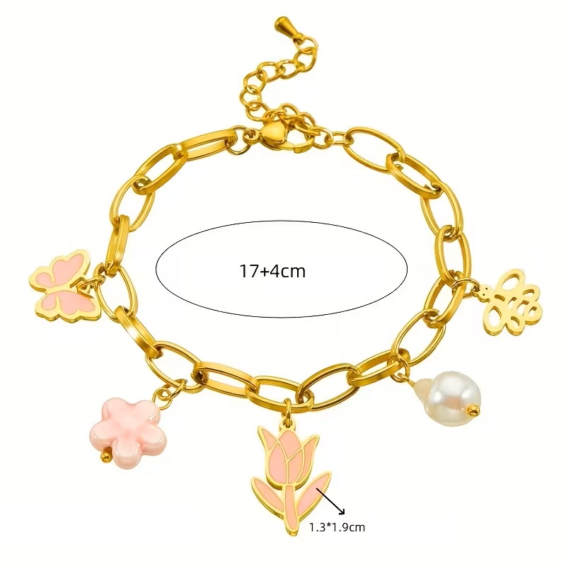 Stijlvolle Goudkleurige Roestvrijstalen Dames Armband met Roze Tulp en Vlinder - Afbeelding 2