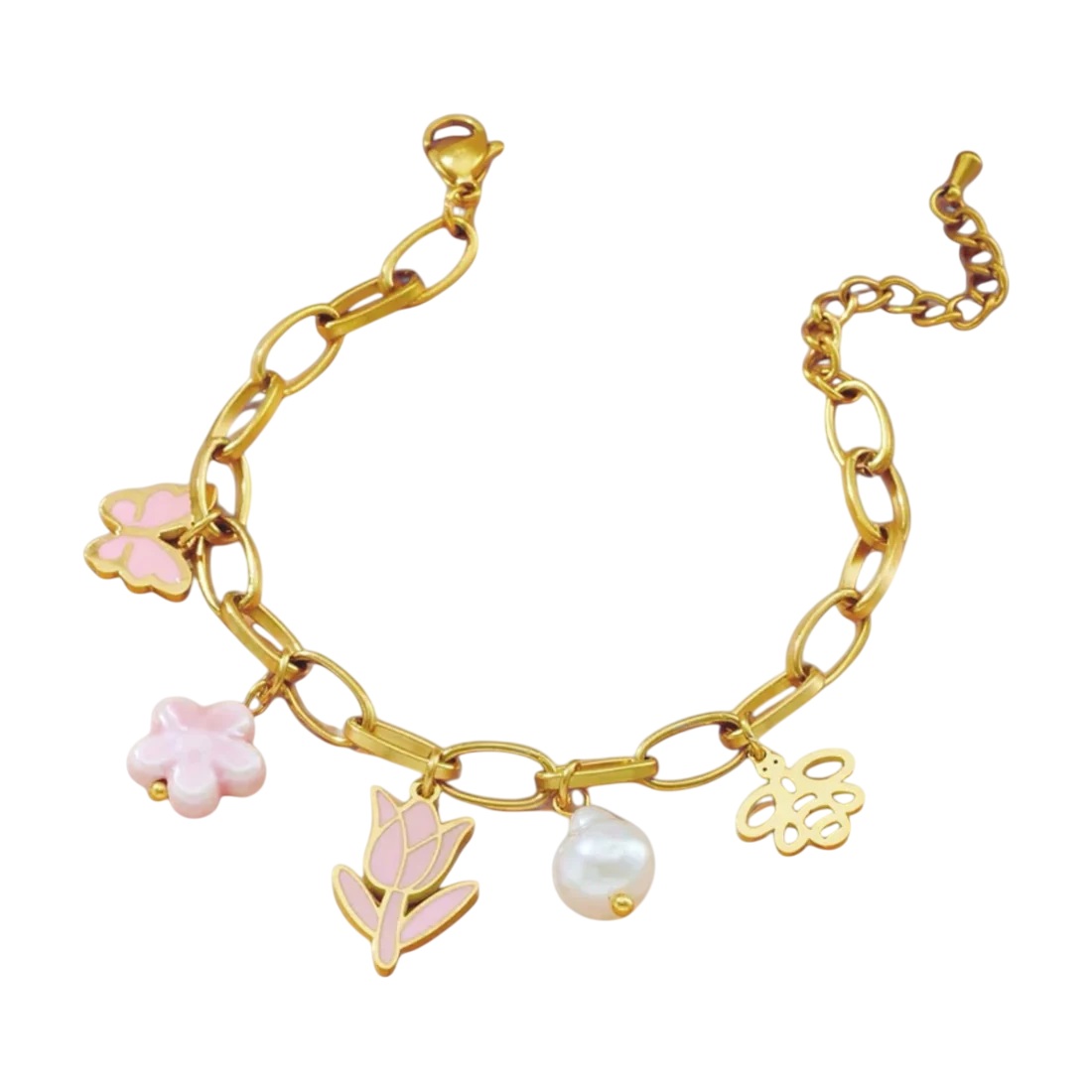 Stijlvolle Goudkleurige Roestvrijstalen Dames Armband met Roze Tulp en Vlinder - Afbeelding 3