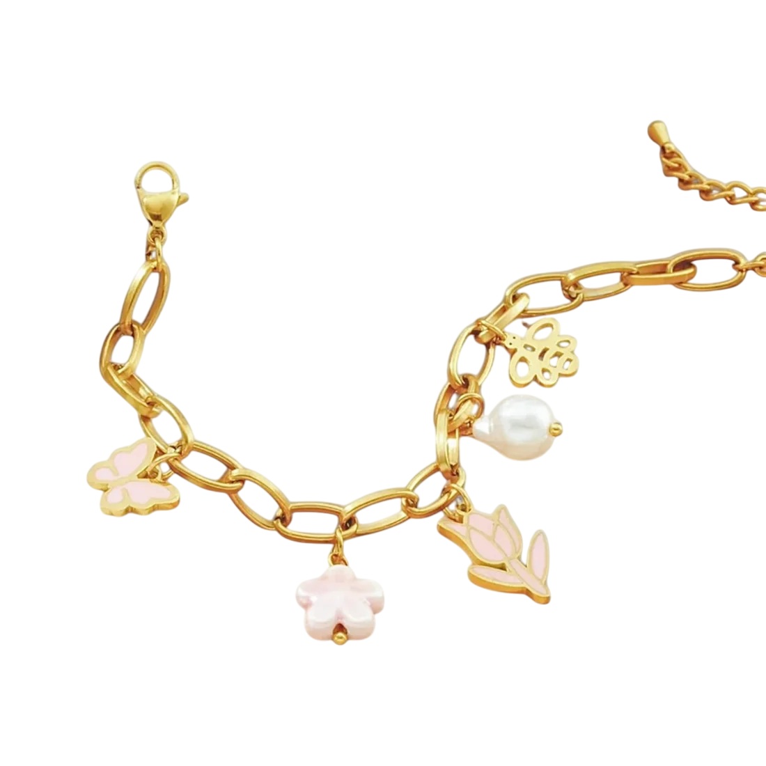 Stijlvolle Goudkleurige Roestvrijstalen Dames Armband met Roze Tulp en Vlinder - Afbeelding 4