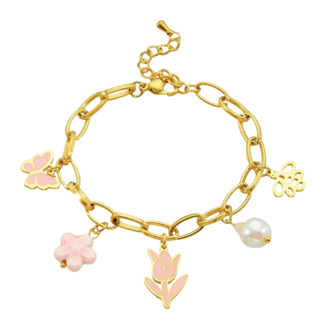Stijlvolle Goudkleurige Roestvrijstalen Dames Armband met Roze Tulp en Vlinder - Afbeelding 5