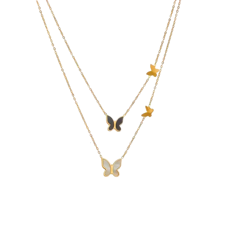 Elegante Goudkleurige RVS Dames Ketting met Vlinderhanger – Dubbele Laag - Afbeelding 2
