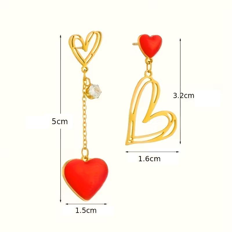 Roestvrijstalen Oorhangers in Franse Stijl – Asymmetrisch Design met Rode Hartjes ❤️ - Afbeelding 2