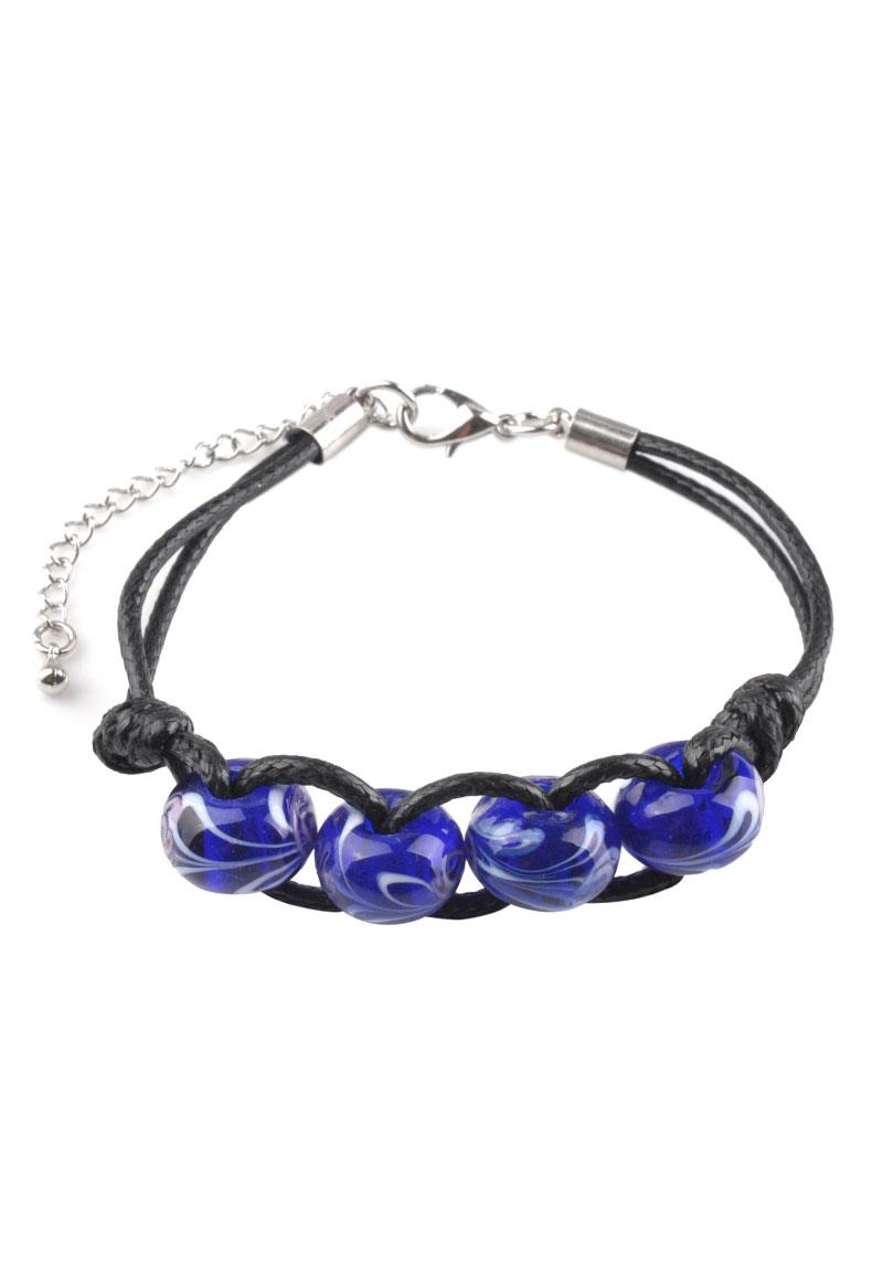 Armband met waxkoord en 4 donker blauwe glaskralen – Murano Style | Verstelbaar & Elegant